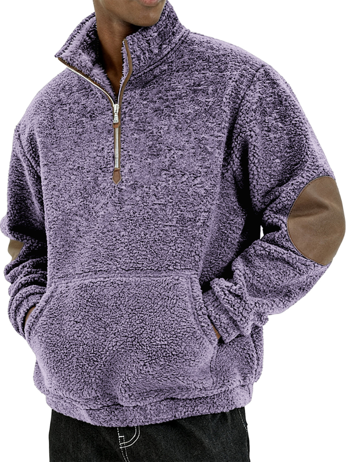 Men's Sherpa Cozy and Stylish Half - Zip Pullover with Elbow Patches