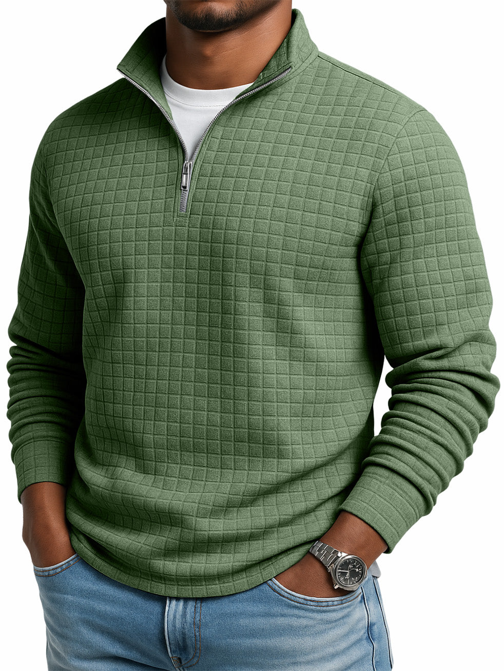 Men's Casual Solid Color Large Waffle Quarter Zip Stand Collar Sweatshirt