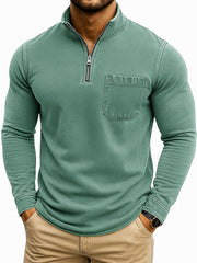 Men's Retro Casual Washed Distressed Quarter Zip Pocket Long Sleeve T-Shirt