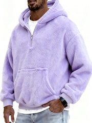 Men's Stylish Coral Fleece Hooded Sweatshirt with Kangaroo Pockets and A Quarter Zip