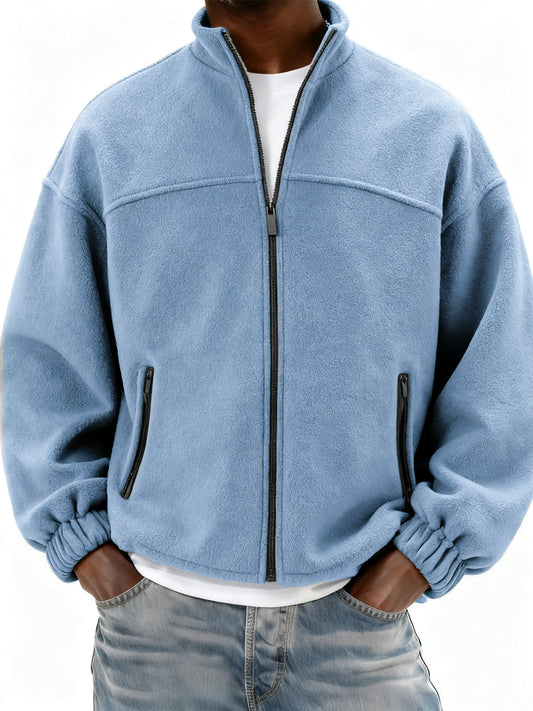 Men's Fleece Full Zip Stand Collar Jacket with Side Pockets