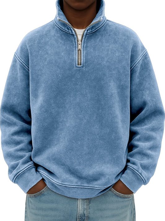 Men's Stylish Quarter-zip Distressed Stand Collar Basic Pullover