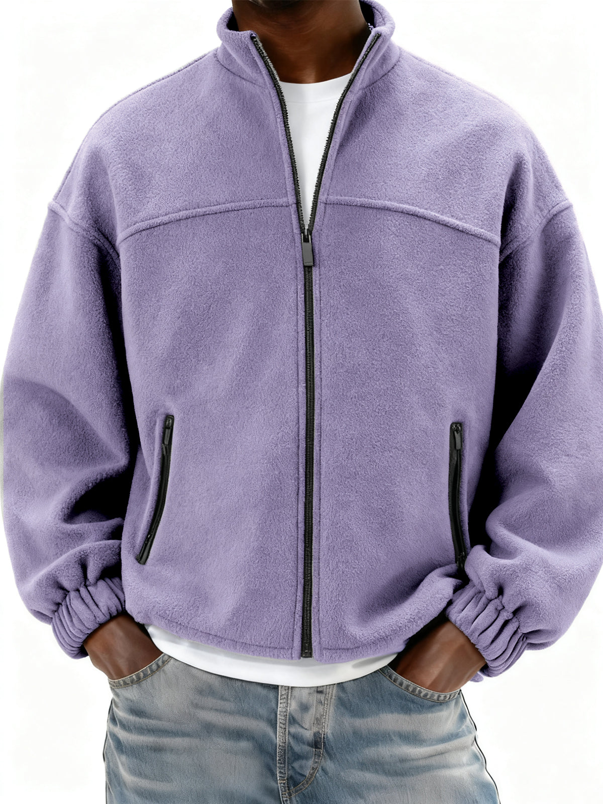 Men's Fleece Full Zip Stand Collar Jacket with Side Pockets