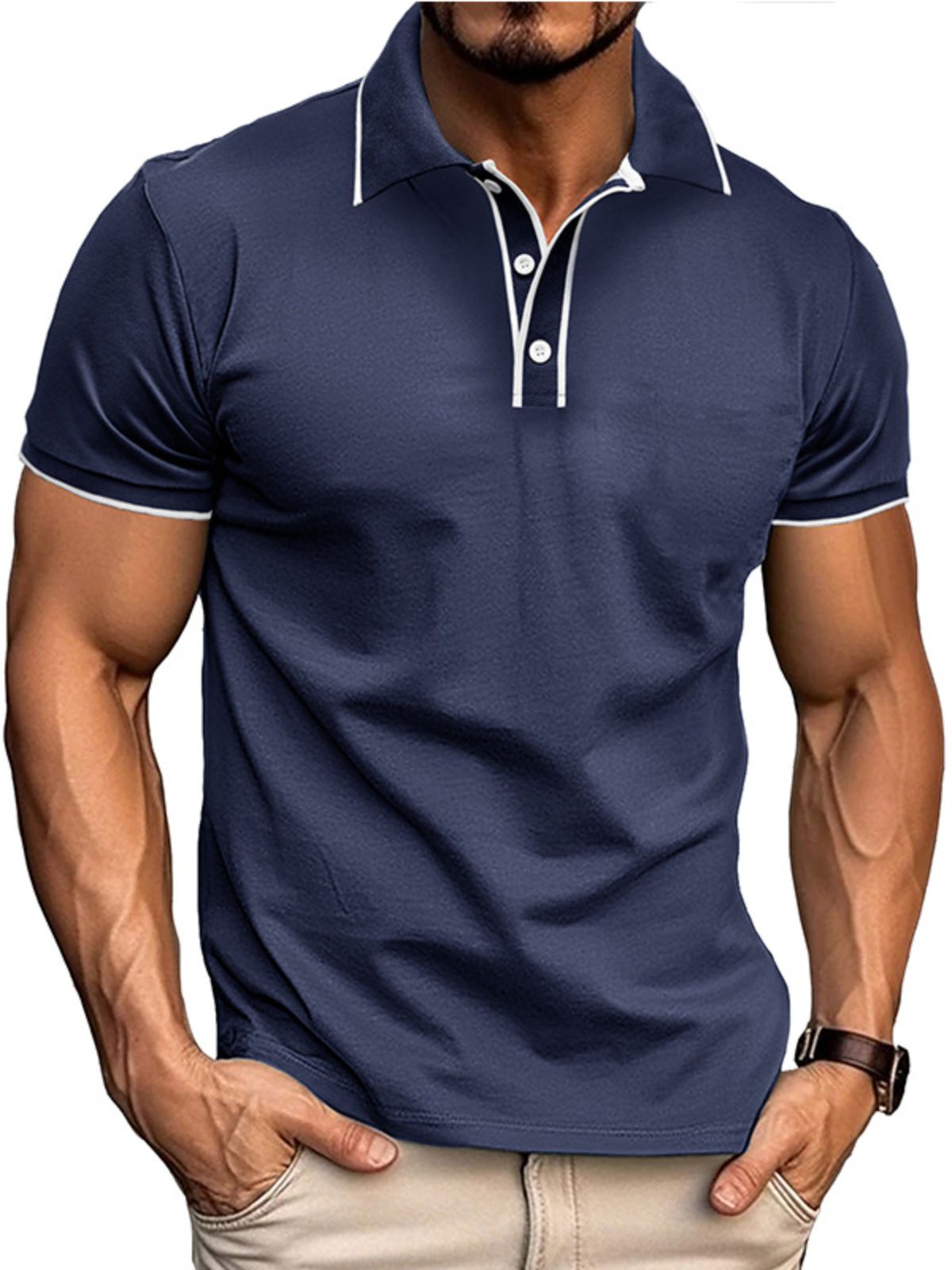 Men's Colorblock Cotton Button-down Short-sleeved Polo Shirt