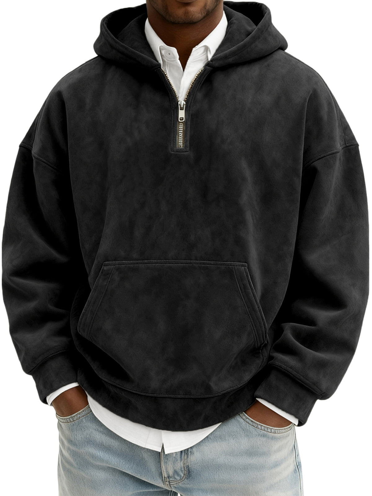 Men's Vintage Suede Quarter-Zip Hooded Sweatshirt with Kangaroo Pocket