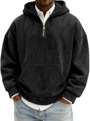 Men's Vintage Suede Quarter-Zip Hooded Sweatshirt with Kangaroo Pocket