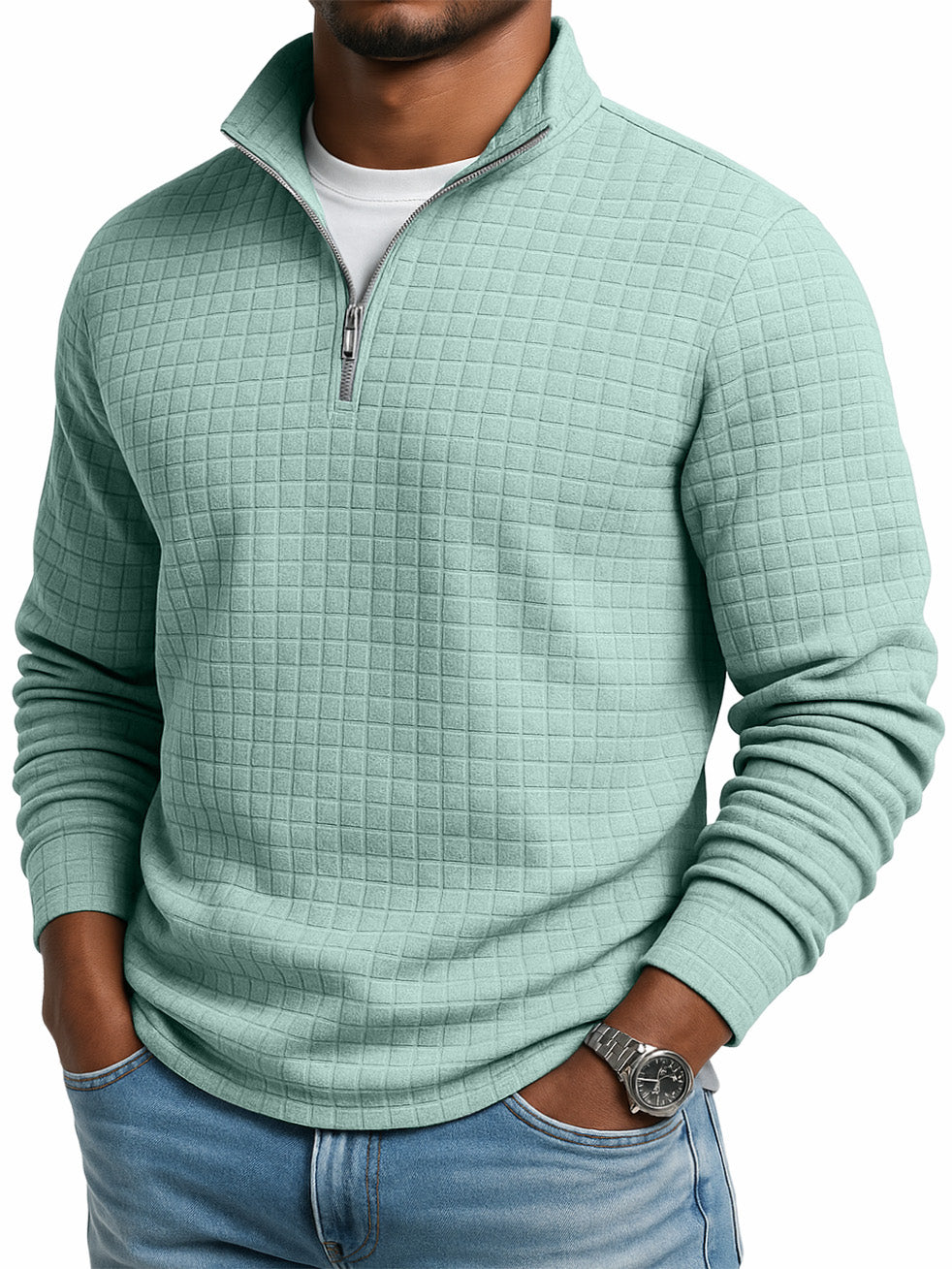 Men's Casual Solid Color Large Waffle Quarter Zip Stand Collar Sweatshirt