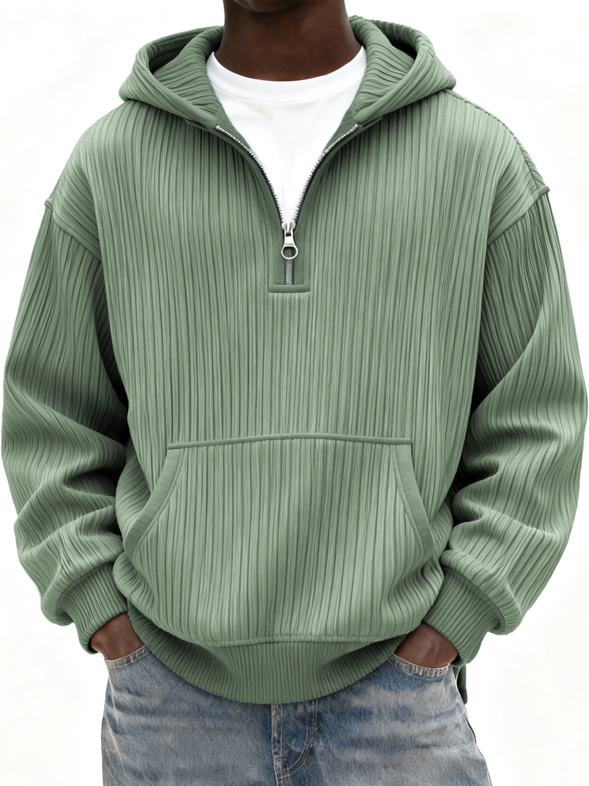 Men's Ribbed Quarter Zip Hoodie with Kangaroo Pocket