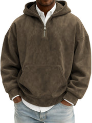 Men's Vintage Suede Quarter-Zip Hooded Sweatshirt with Kangaroo Pocket