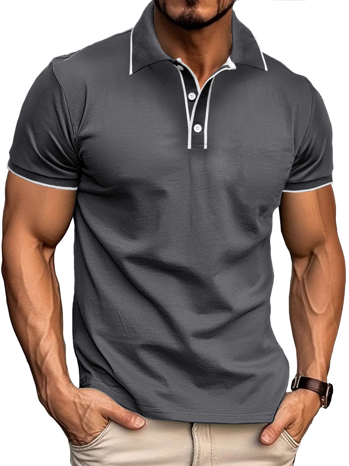 Men's Colorblock Cotton Button-down Short-sleeved Polo Shirt