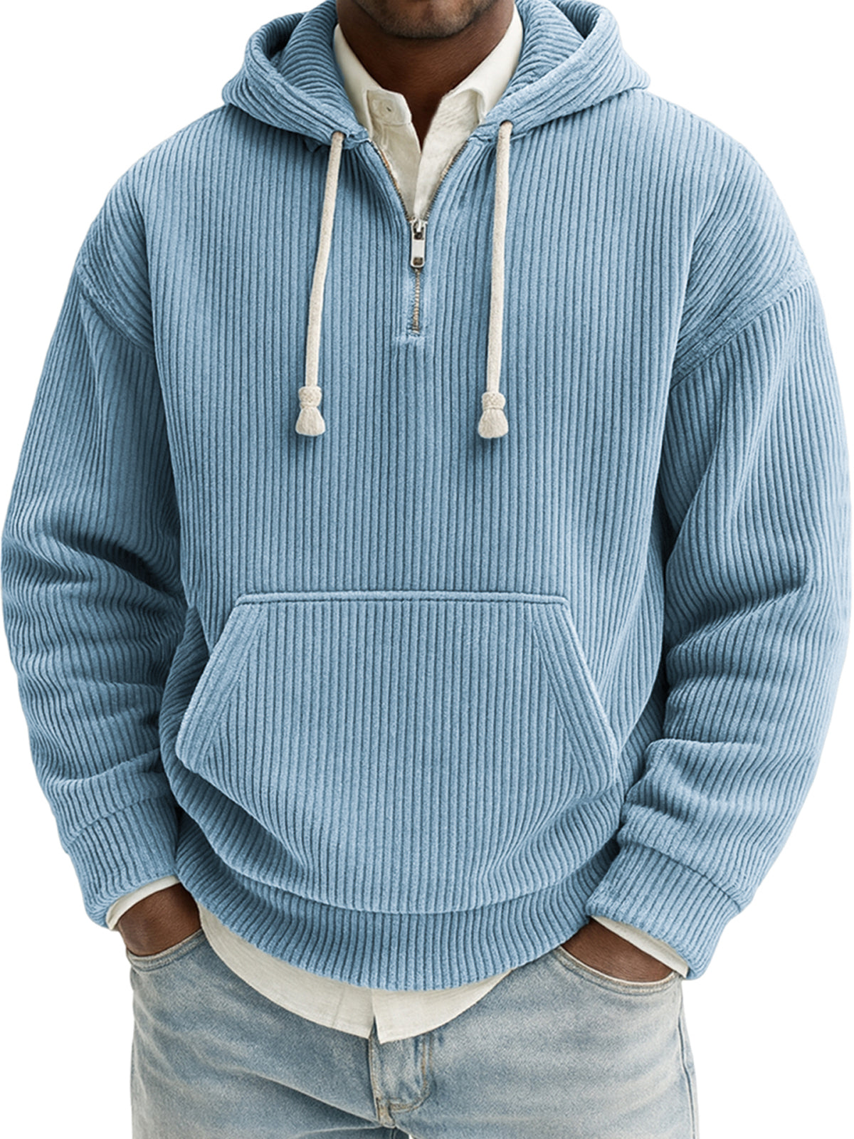 Men's Stylish Quarter-zip Corduroy Ribbed Casual Pullover Hooded Sweatshirt