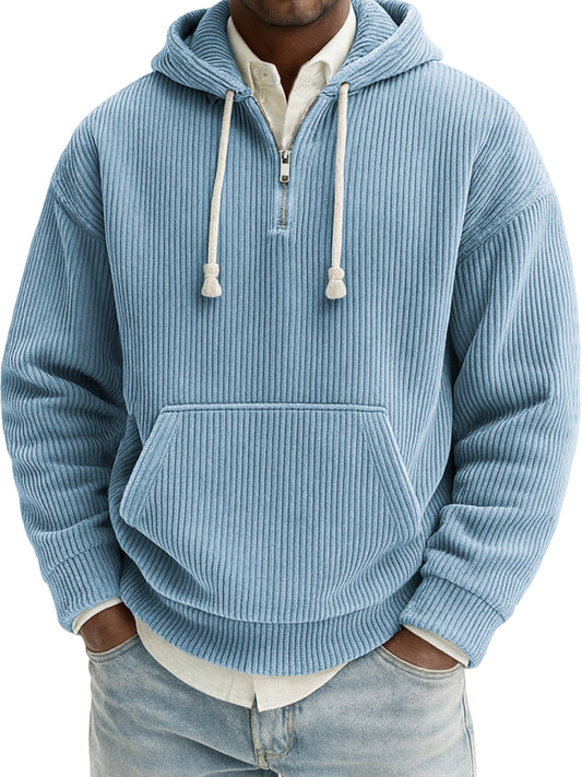 Men's Stylish Quarter-zip Corduroy Ribbed Casual Pullover Hooded Sweatshirt