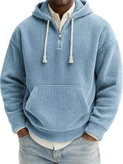 Men's Stylish Quarter-zip Corduroy Ribbed Casual Pullover Hooded Sweatshirt