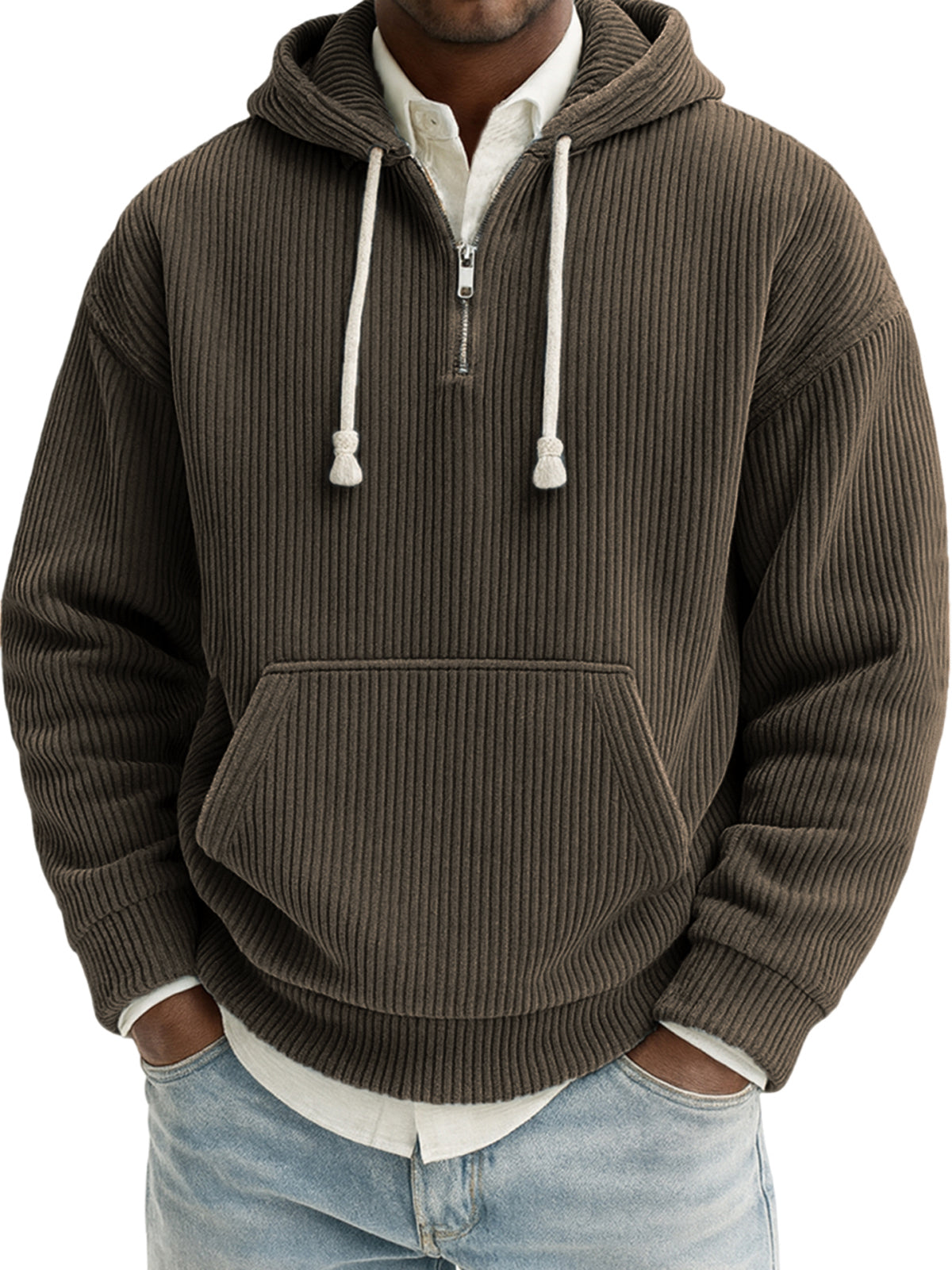 Men's Stylish Quarter-zip Corduroy Ribbed Casual Pullover Hooded Sweatshirt