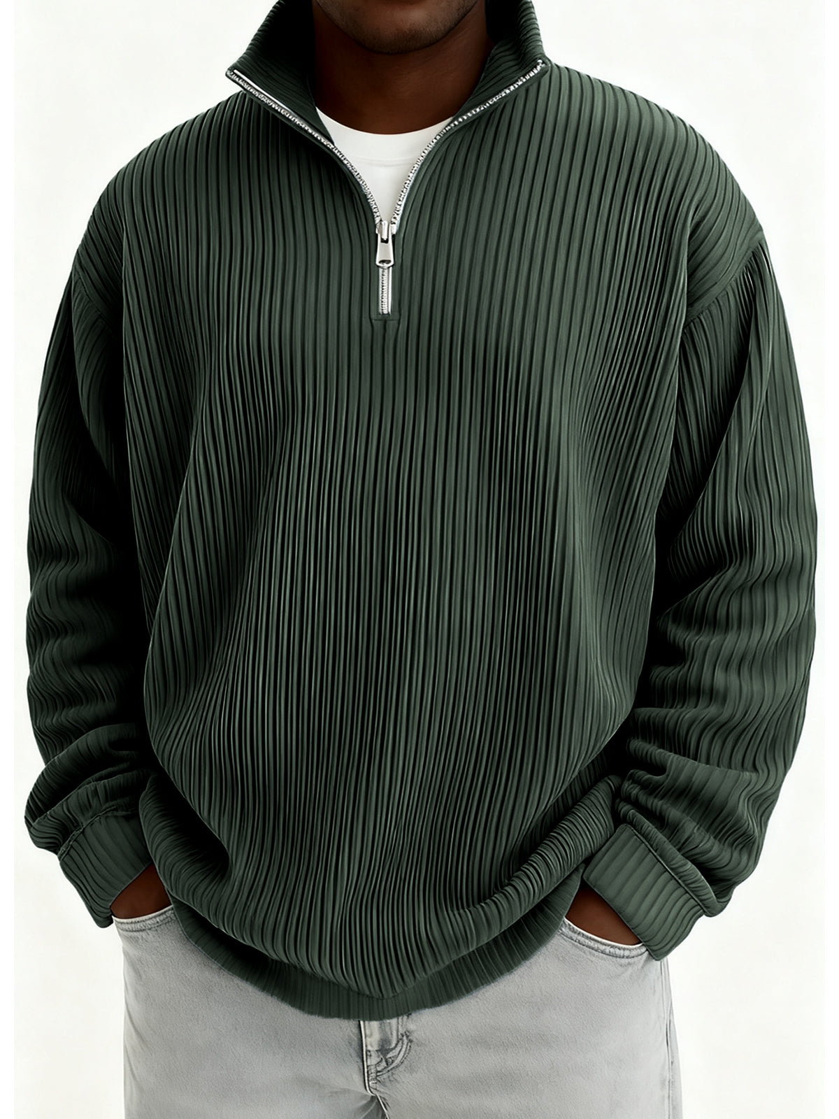 Men's Quarter-Zip Stylish Pleated Ribbed Pullover