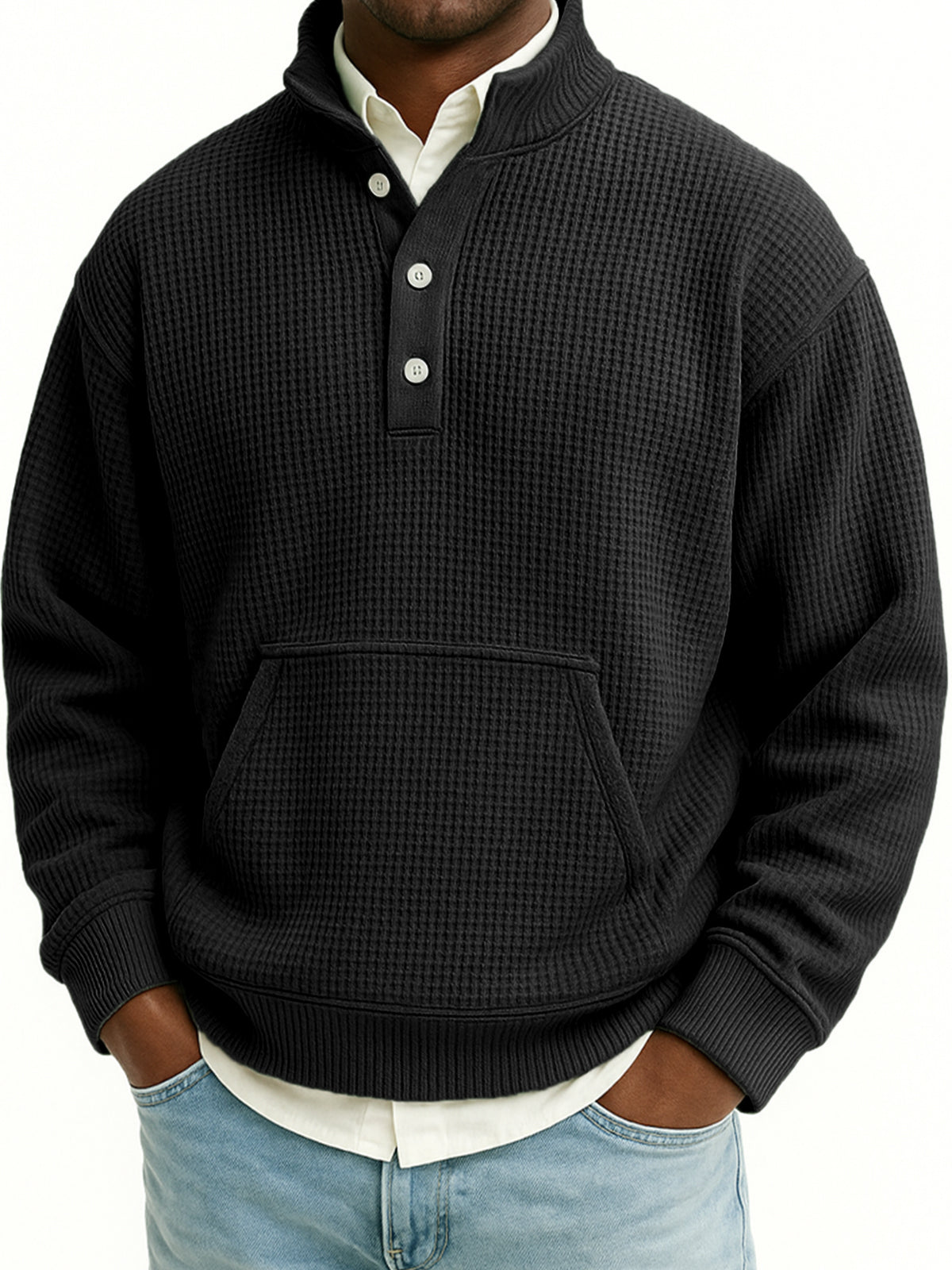 Men's Waffle Quarter Zip Stand Collar Sweatshirt with Kangaroo Pockets
