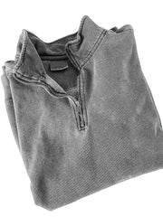 Men's Quarter Zip Distressed Washed Cotton Zipper Long Sleeve Sweatshirt