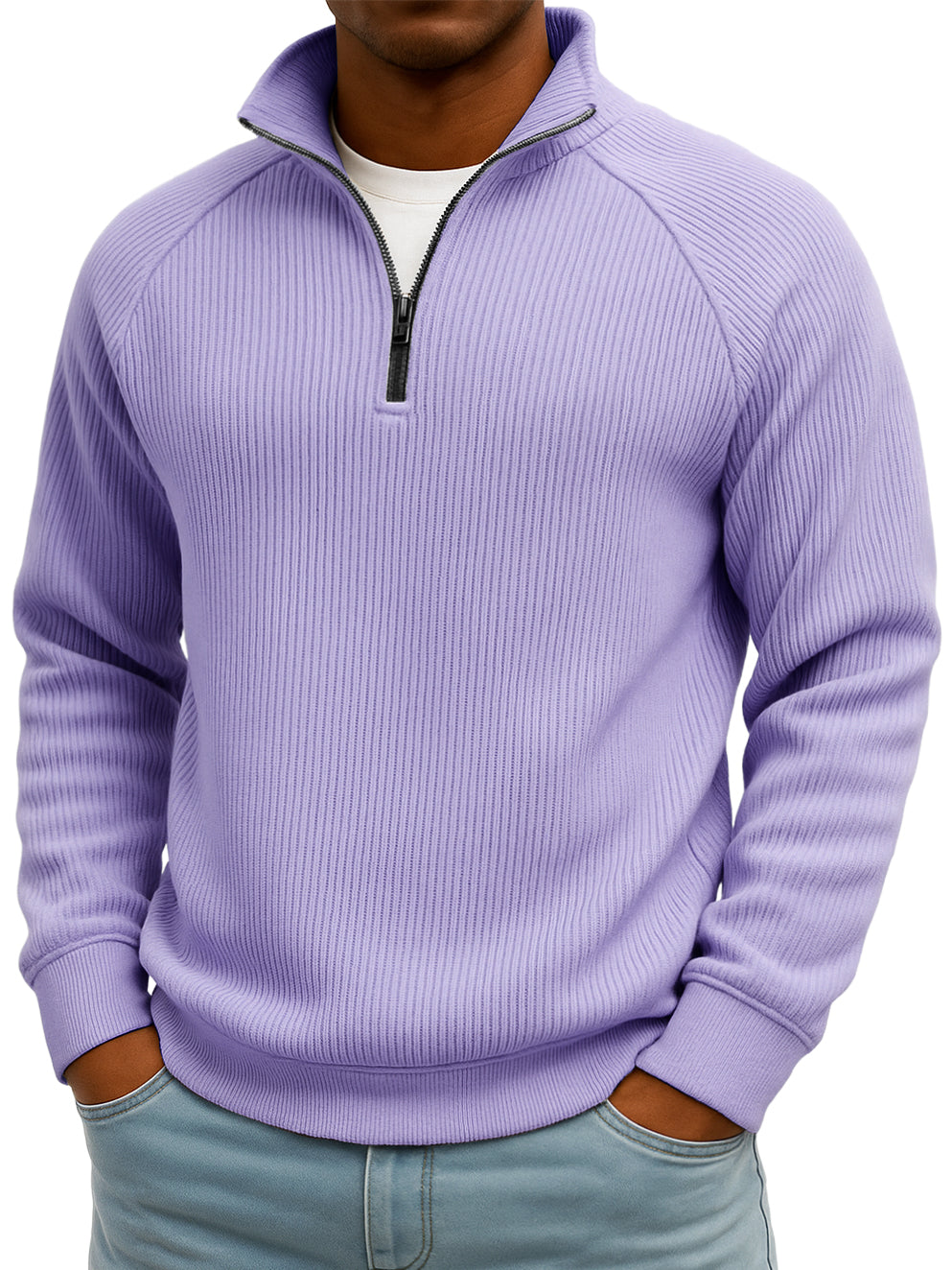 Men's Simple Casual Ribbed Stand-up Collar Quarter Zip Raglan Sleeve Sweatshirt