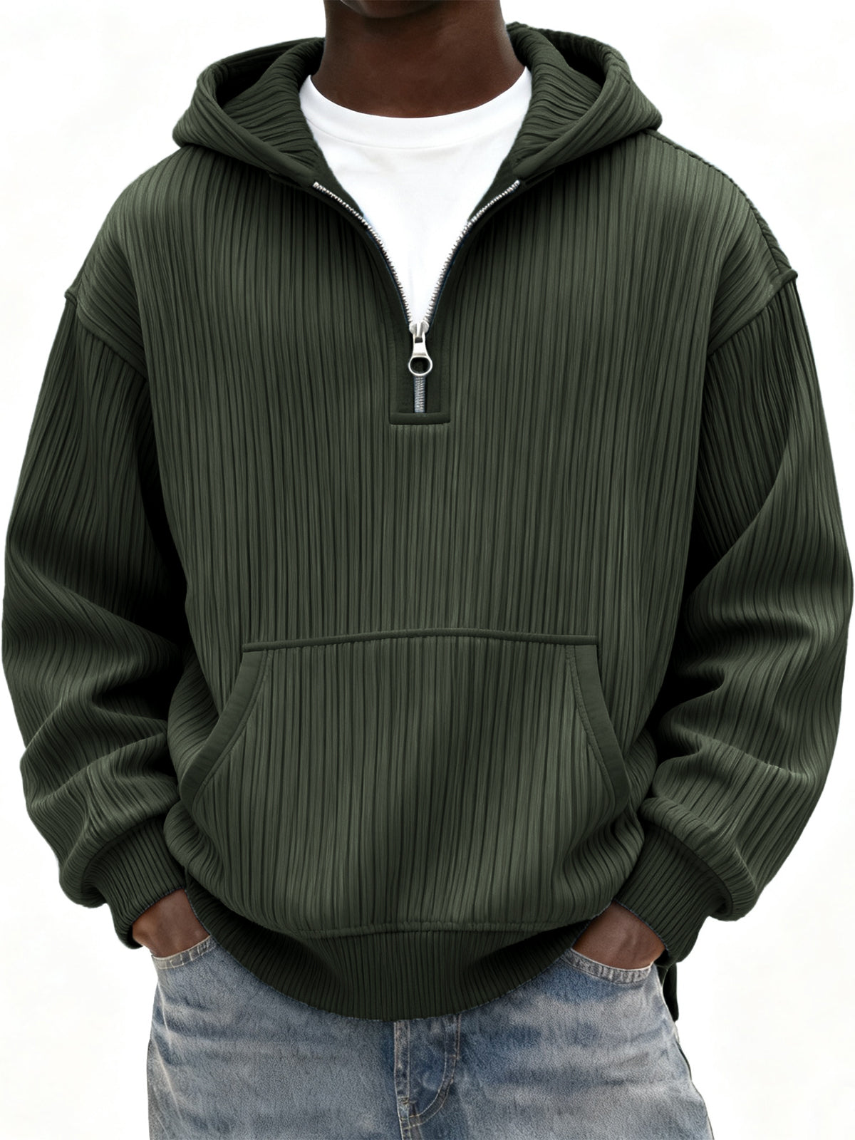 Men's Ribbed Quarter Zip Hoodie with Kangaroo Pocket