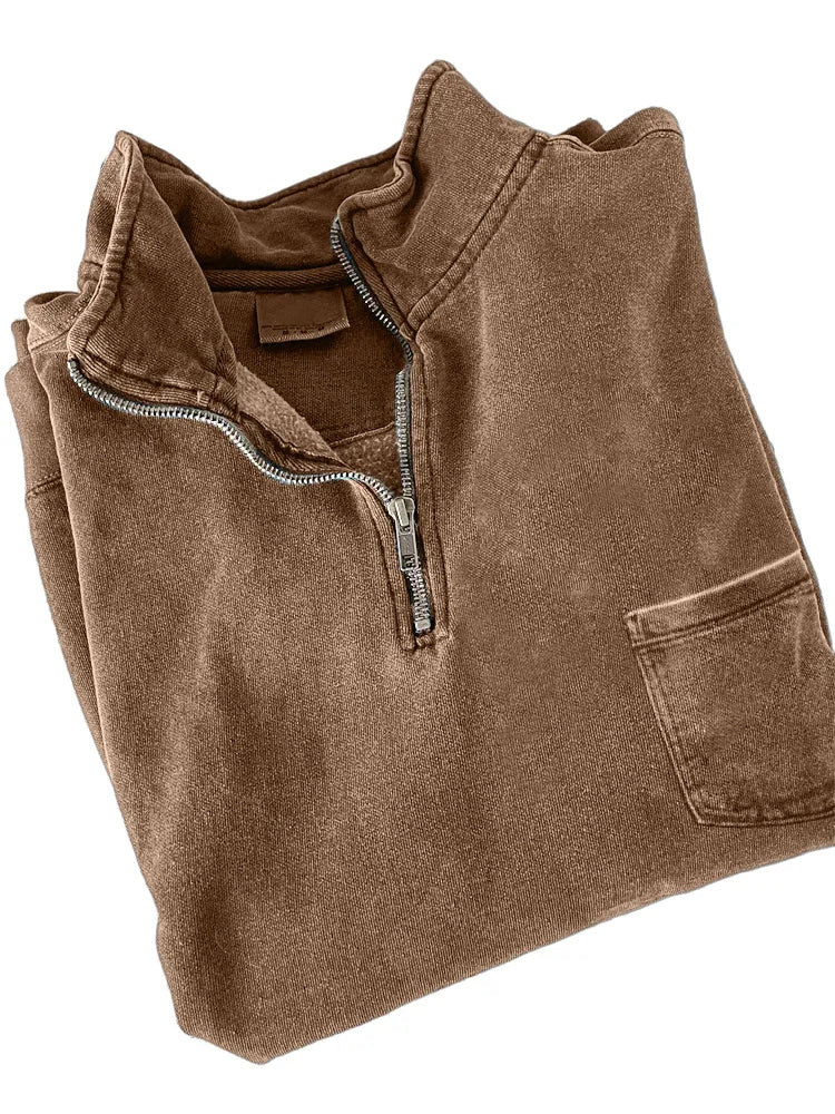 Men's Quarter-zip Distressed Washed Cotton Pocket Zippered Long-sleeved Sweatshirt