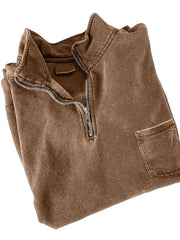Men's Quarter-zip Distressed Washed Cotton Pocket Zippered Long-sleeved Sweatshirt