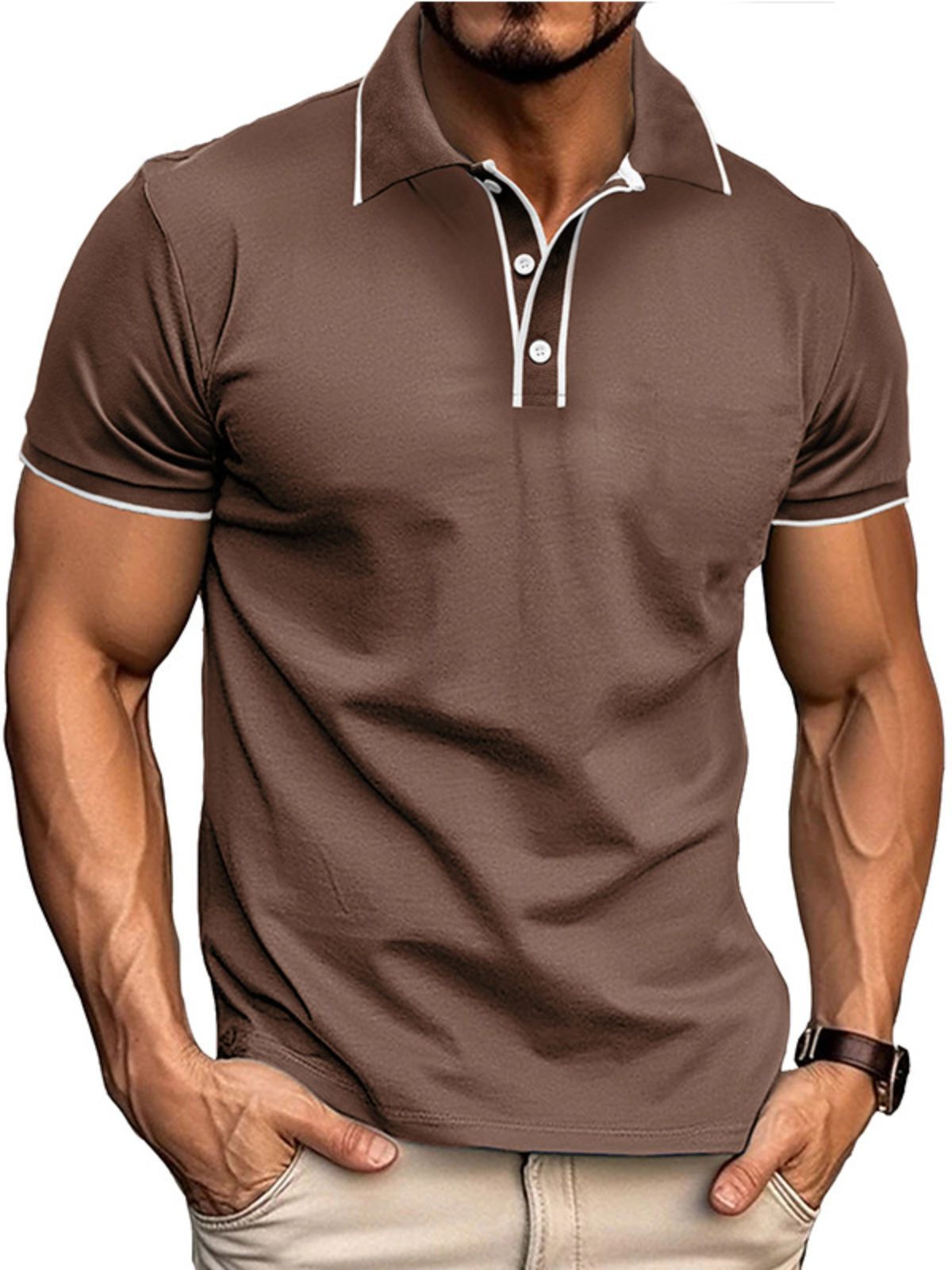 Men's Colorblock Cotton Button-down Short-sleeved Polo Shirt