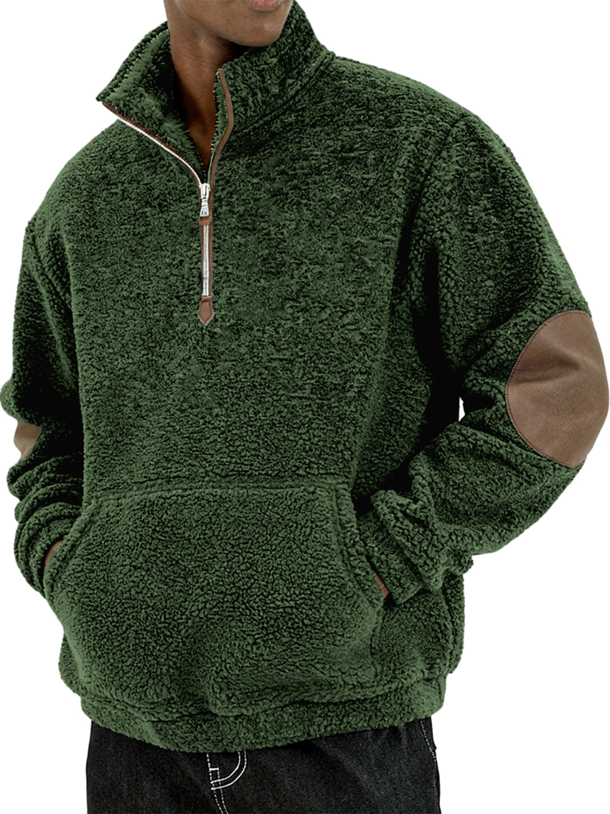 Men's Sherpa Cozy and Stylish Half - Zip Pullover with Elbow Patches