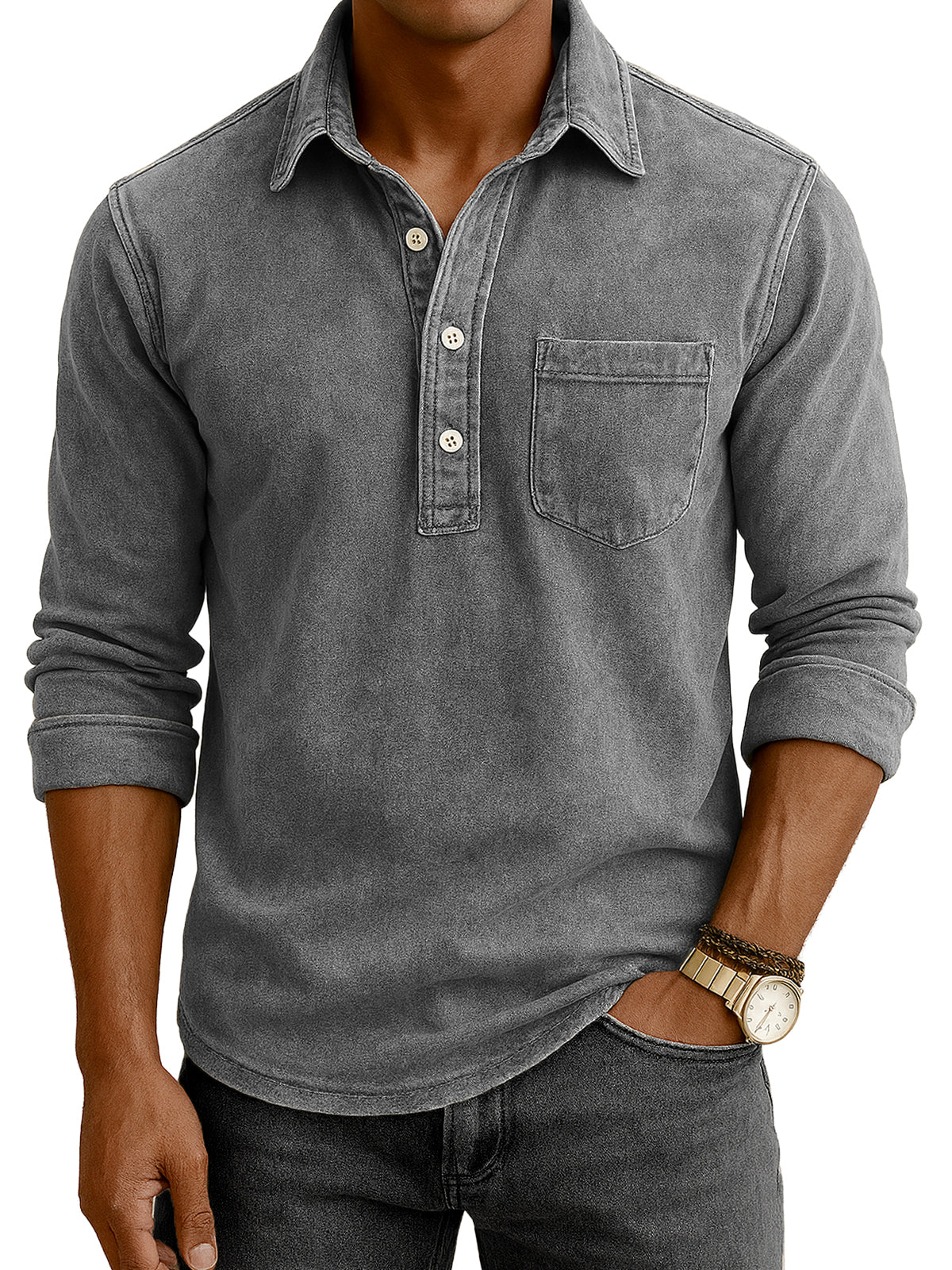 Men's Vintage Distressed Casual Daily Long-sleeve Polo Shirt with Chest Pocket