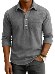 Men's Vintage Distressed Casual Daily Long-sleeve Polo Shirt with Chest Pocket