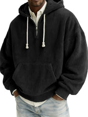 Men's Stylish Quarter-zip Corduroy Hooded Sweatshirt with Kangaroo Pockets