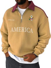 Men's Stylish Vintage American Print Contrast Zipper Sweatshirt