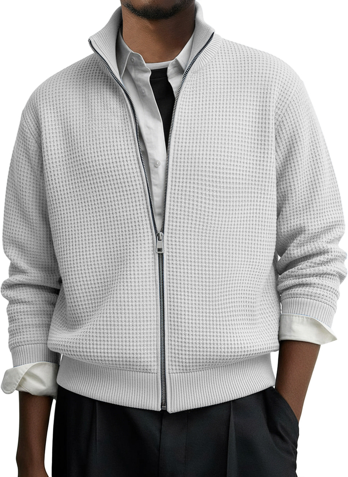 Men's Casual Solid Waffle Zip-up Long Sleeved Jacket