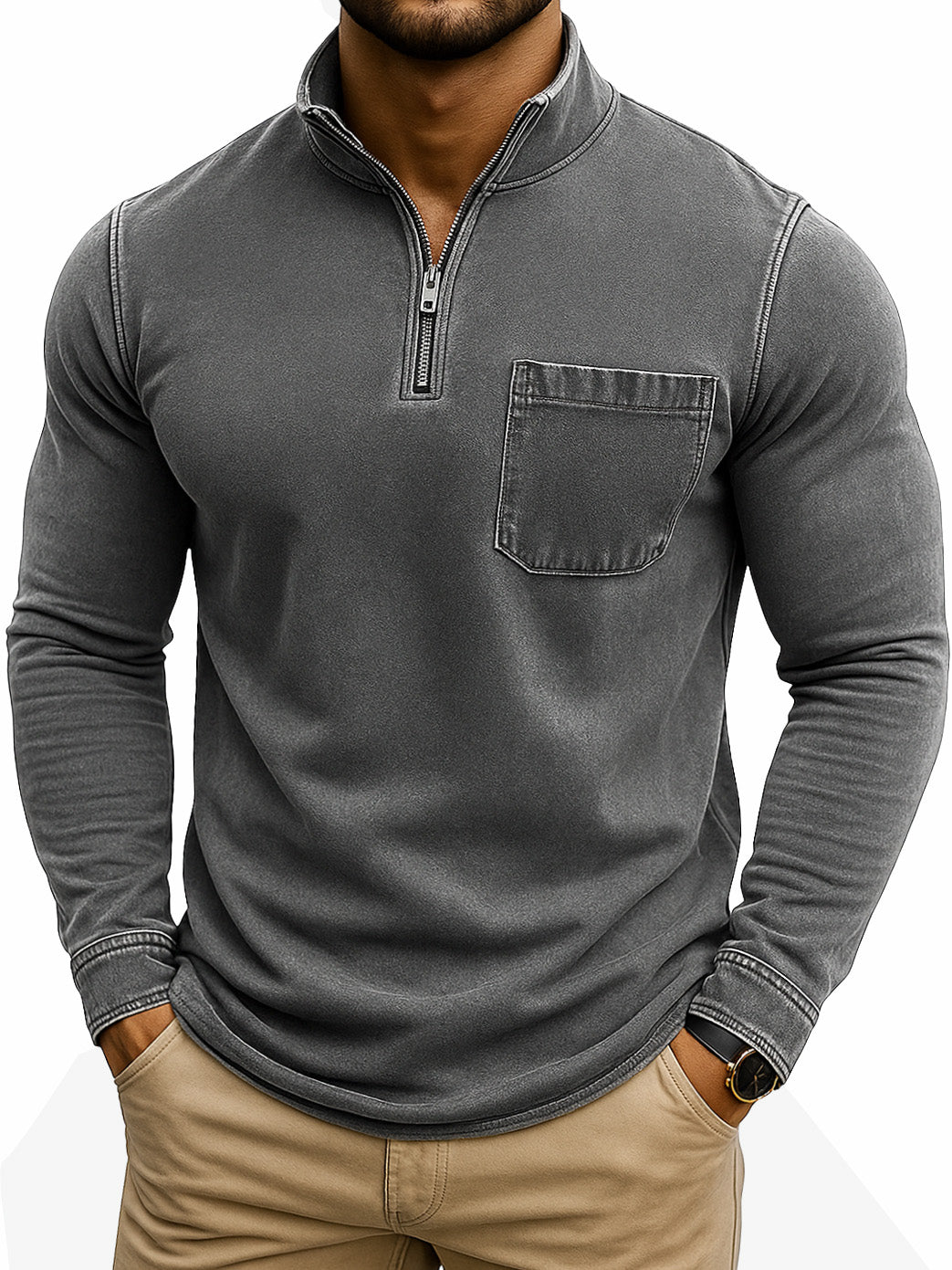 Men's Retro Casual Washed Distressed Quarter Zip Pocket Long Sleeve T-Shirt