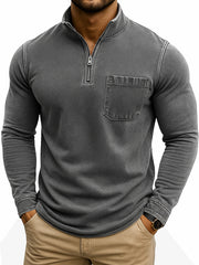 Men's Retro Casual Washed Distressed Quarter Zip Pocket Long Sleeve T-Shirt