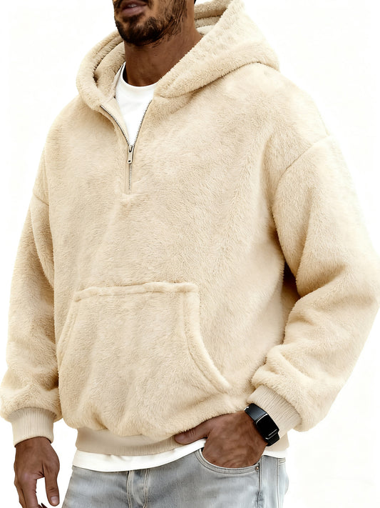Men's Stylish Coral Fleece Hooded Sweatshirt with Kangaroo Pockets and A Quarter Zip