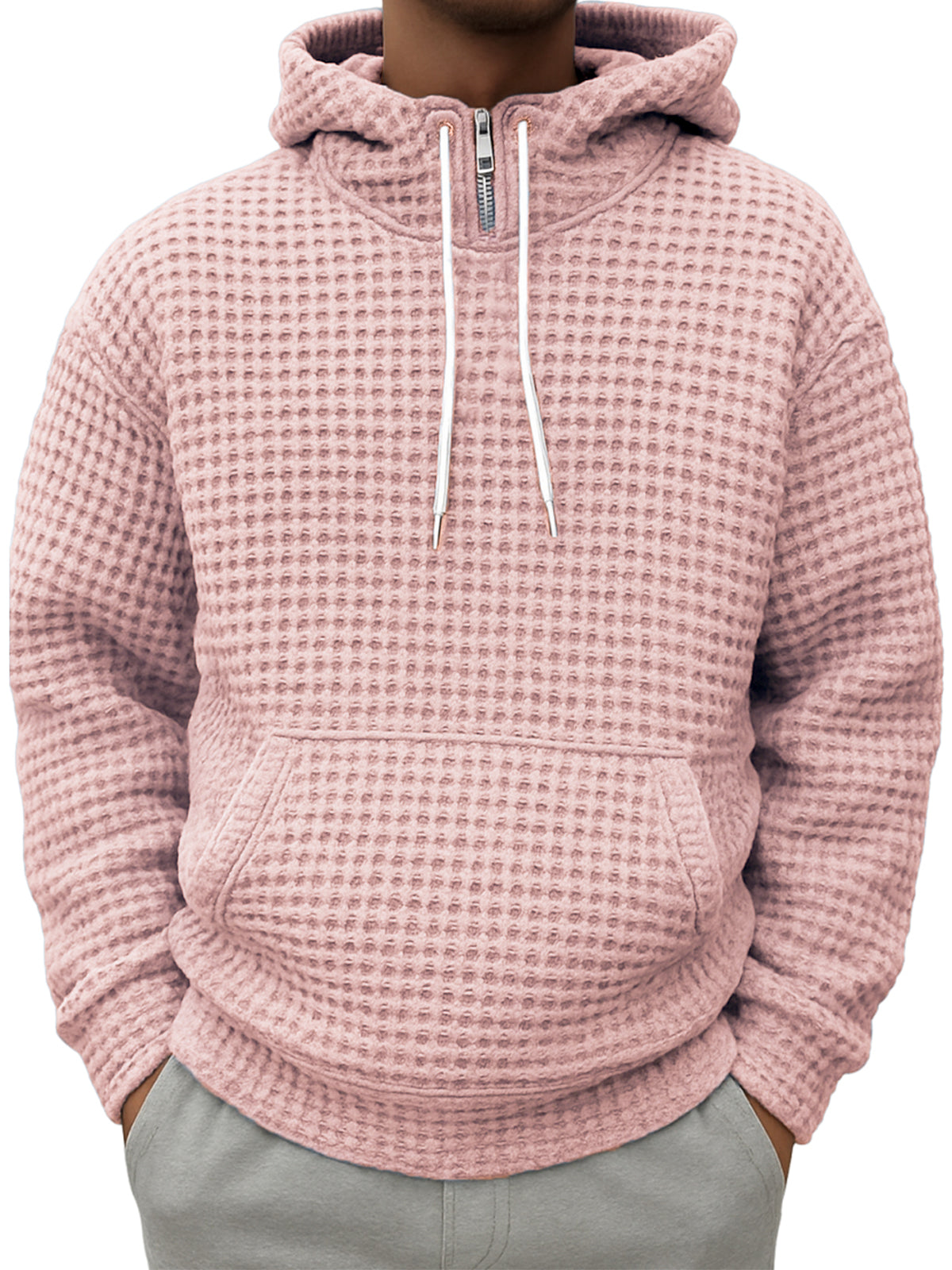 Men's Half-zip Plaid Textured Casual Hooded Sweatshirt