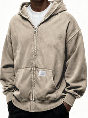 Heavyweight Hooded Full-zip Cardigan Sweatshirt with Kangaroo Pocket and Label
