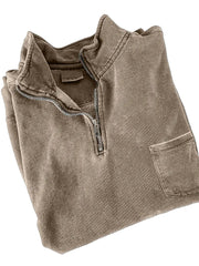 Men's Quarter-zip Distressed Washed Cotton Pocket Zippered Long-sleeved Sweatshirt