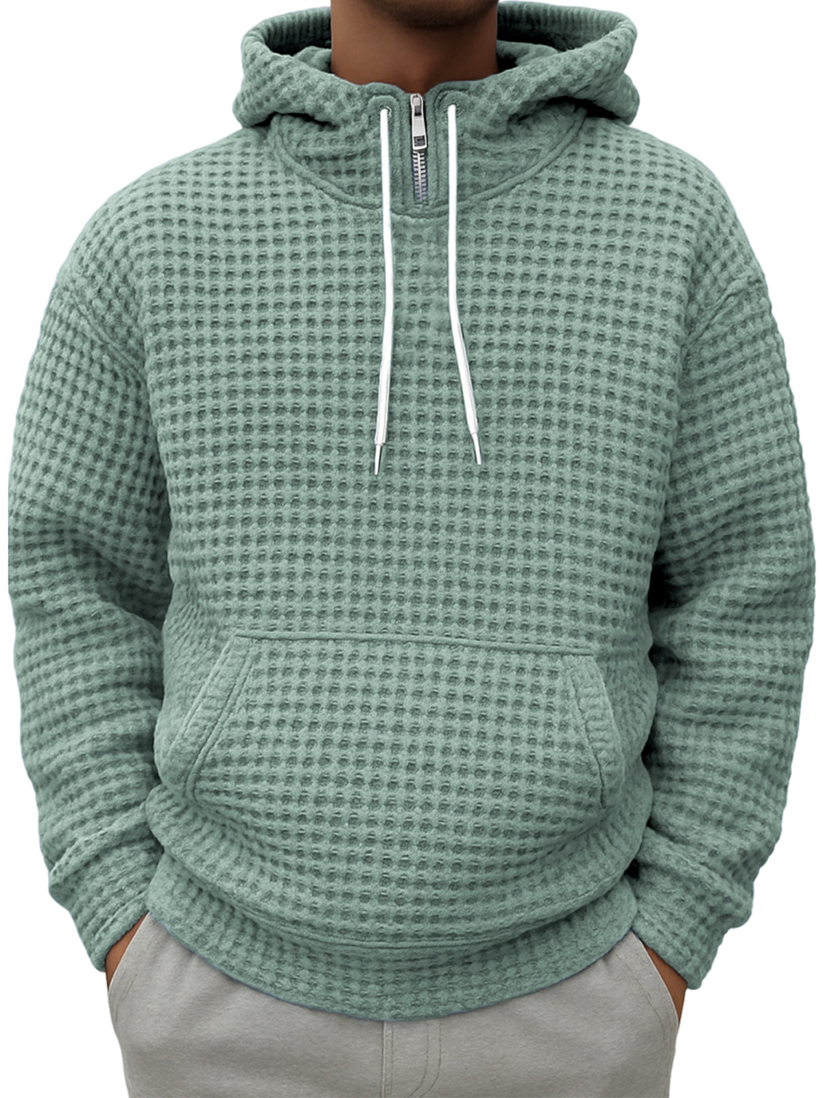 Men's Half-zip Plaid Textured Casual Hooded Sweatshirt