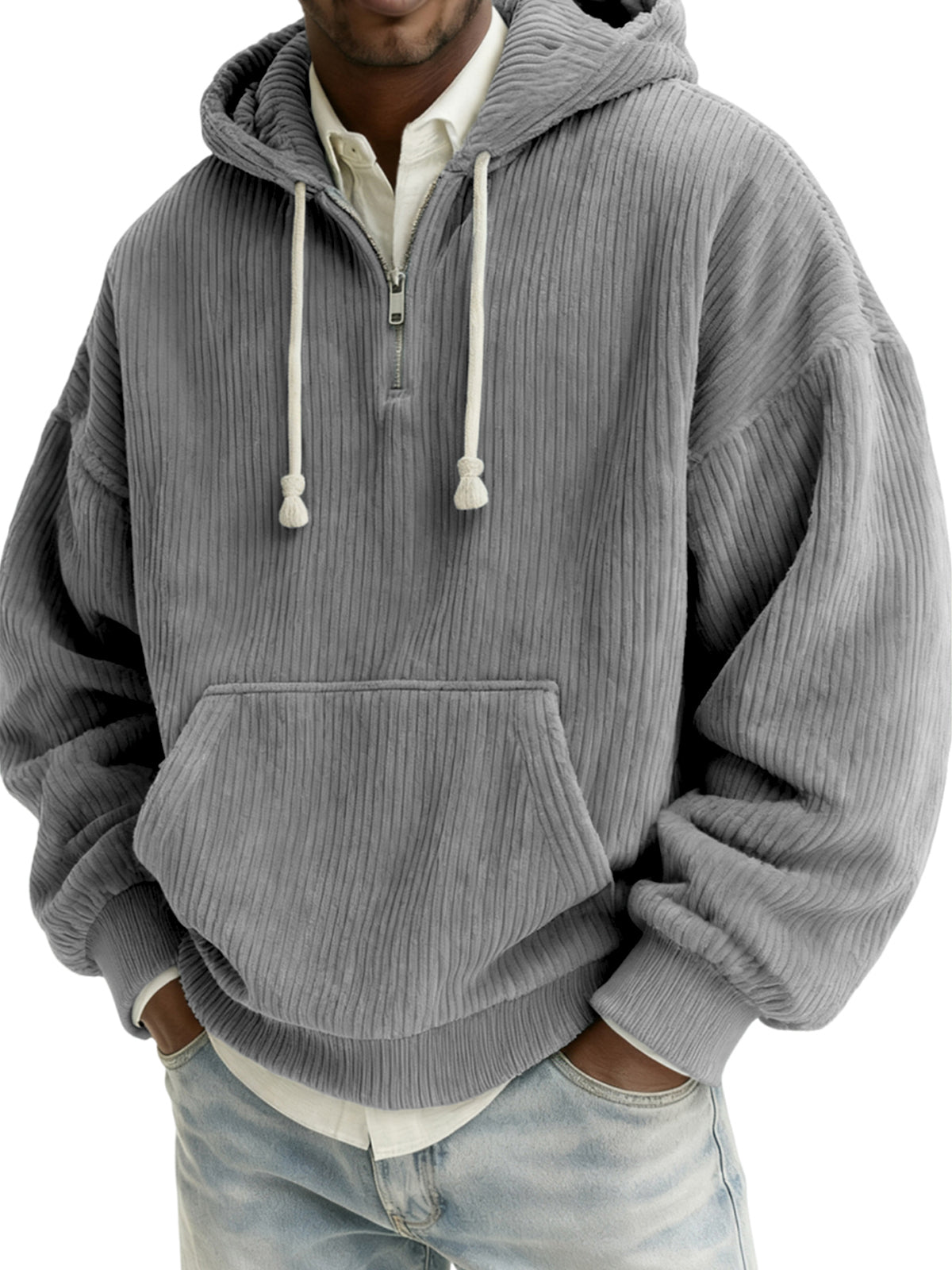 Men's Stylish Quarter-zip Corduroy Hooded Sweatshirt with Kangaroo Pockets