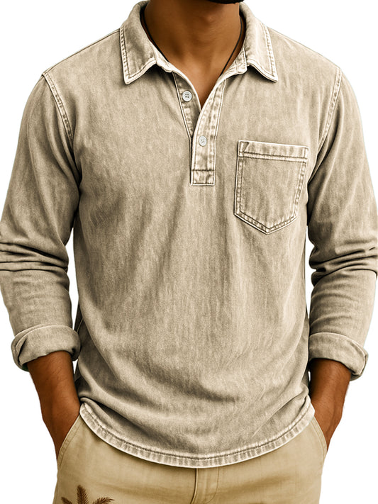 Men's Vintage Long Sleeve Polo Shirt with Chest Pocket