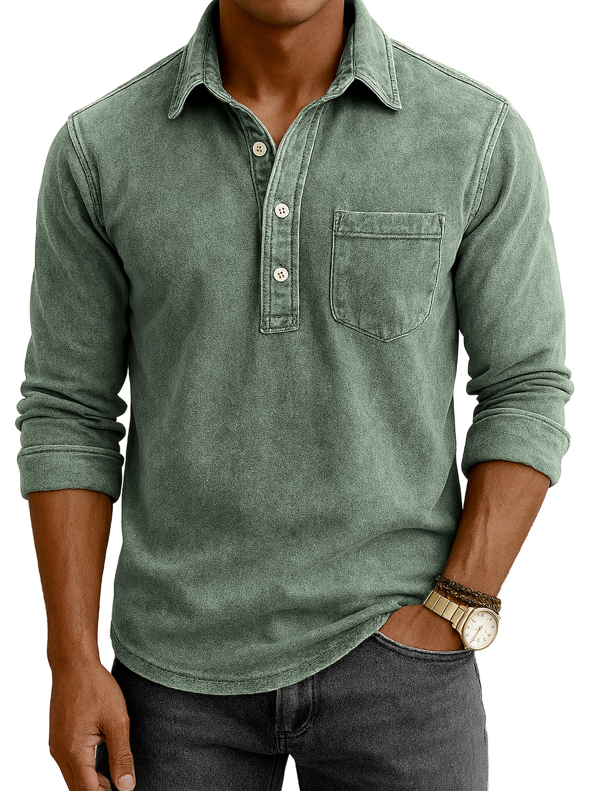 Men's Vintage Distressed Casual Daily Long-sleeve Polo Shirt with Chest Pocket