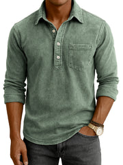 Men's Vintage Distressed Casual Daily Long-sleeve Polo Shirt with Chest Pocket