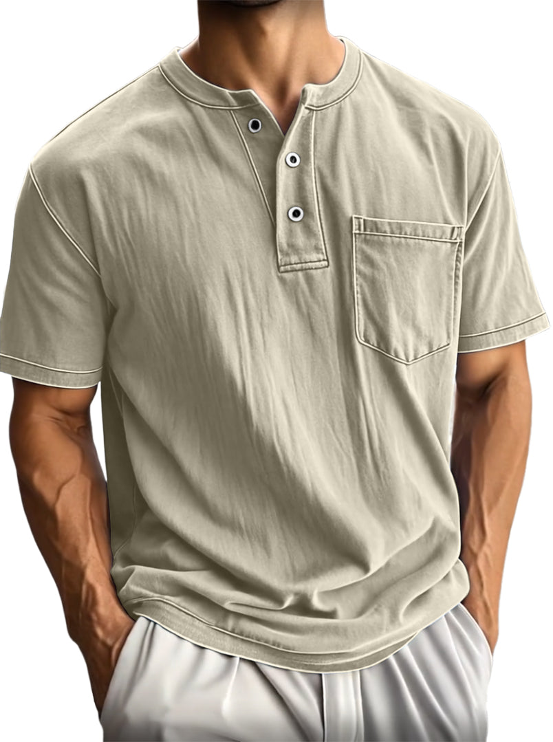 Men's Washed And Distressed Cotton Vintage Henley Collar Short-sleeved T-shirt