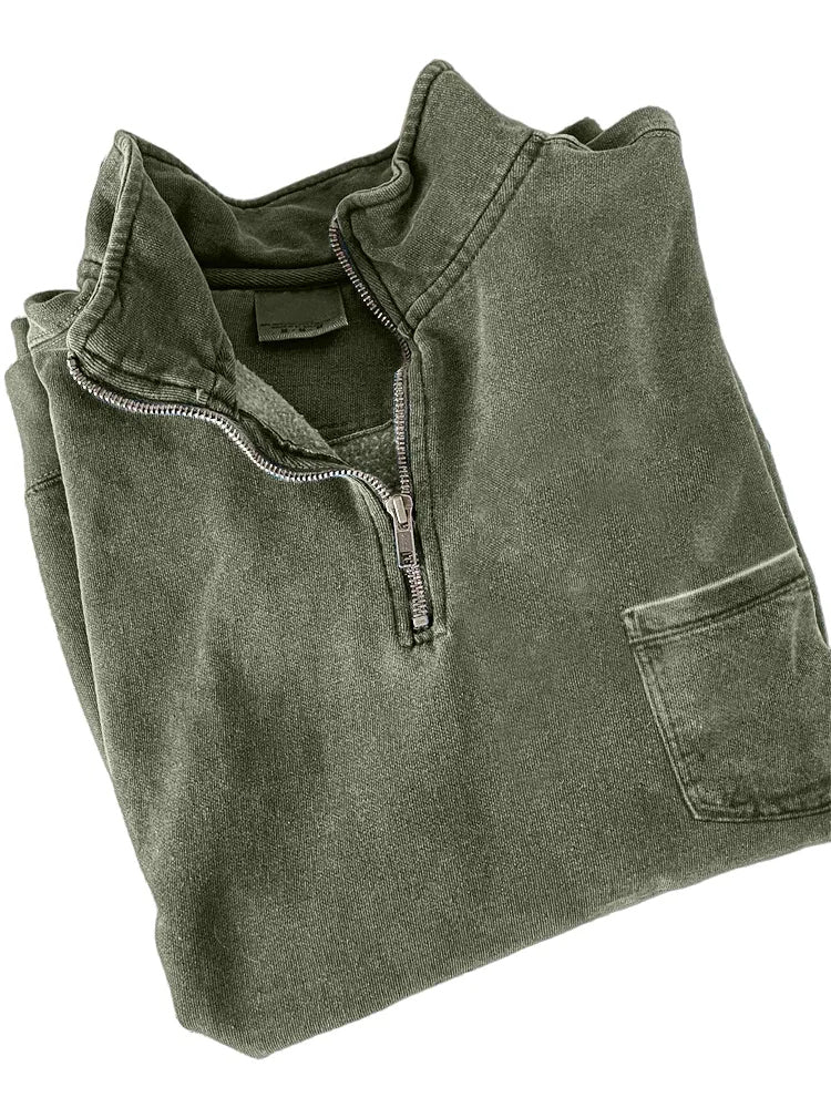 Men's Quarter-zip Distressed Washed Cotton Pocket Zippered Long-sleeved Sweatshirt