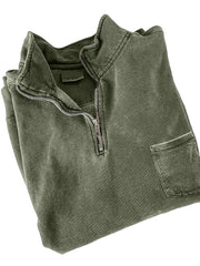 Men's Quarter-zip Distressed Washed Cotton Pocket Zippered Long-sleeved Sweatshirt