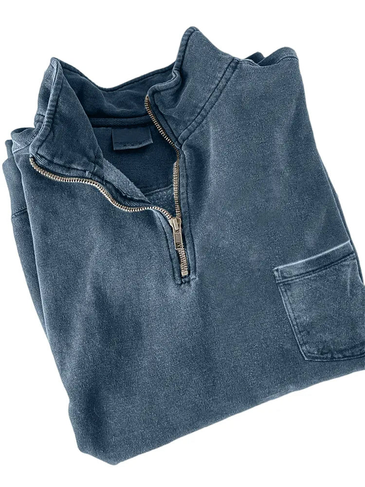 Men's Quarter-zip Distressed Washed Cotton Pocket Zippered Long-sleeved Sweatshirt