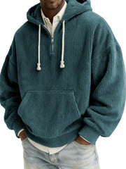 Men's Stylish Quarter-zip Corduroy Hooded Sweatshirt with Kangaroo Pockets