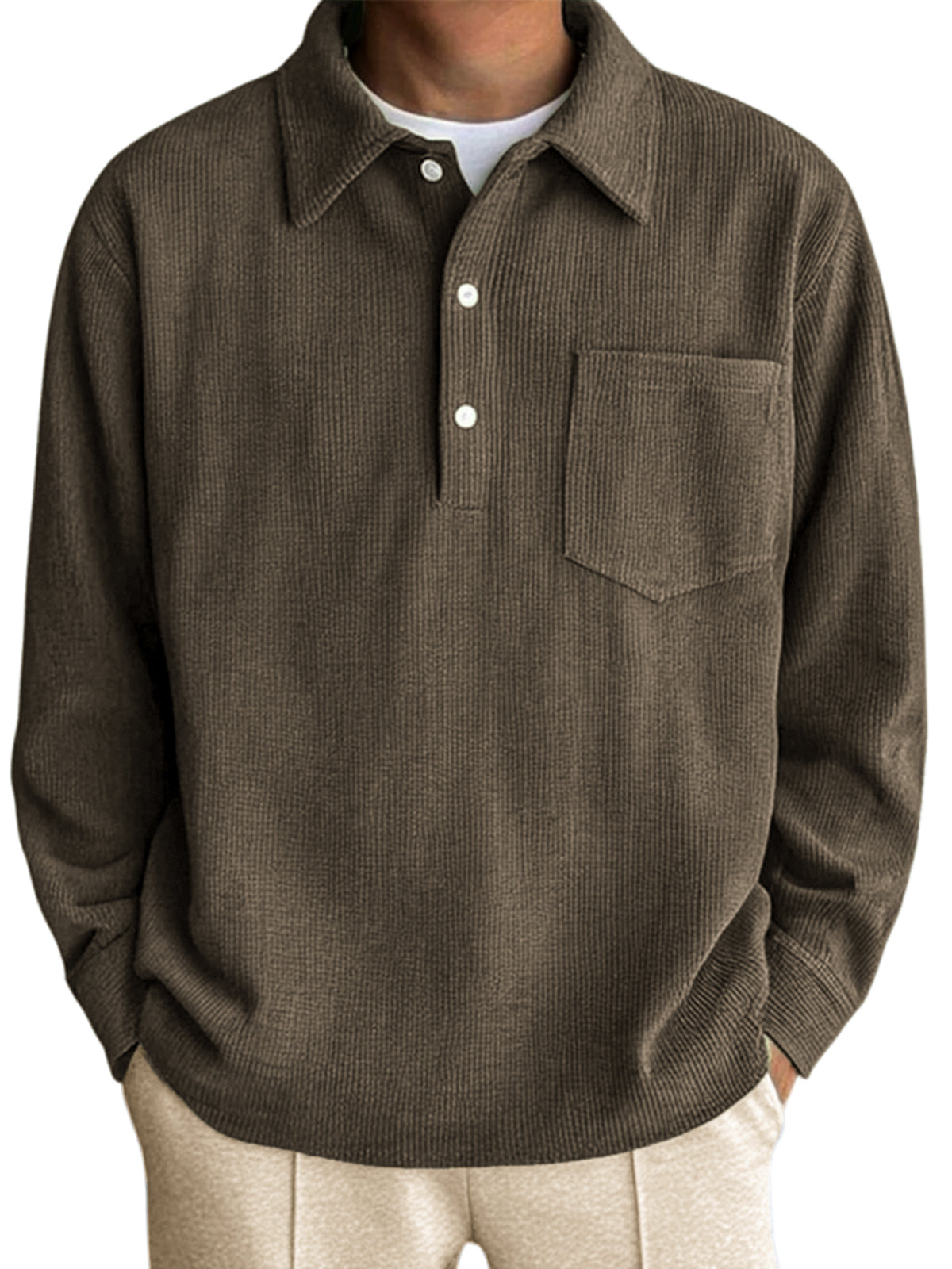 Men's Long Sleeve Pocket Polo Shirt with Vertical Stripes