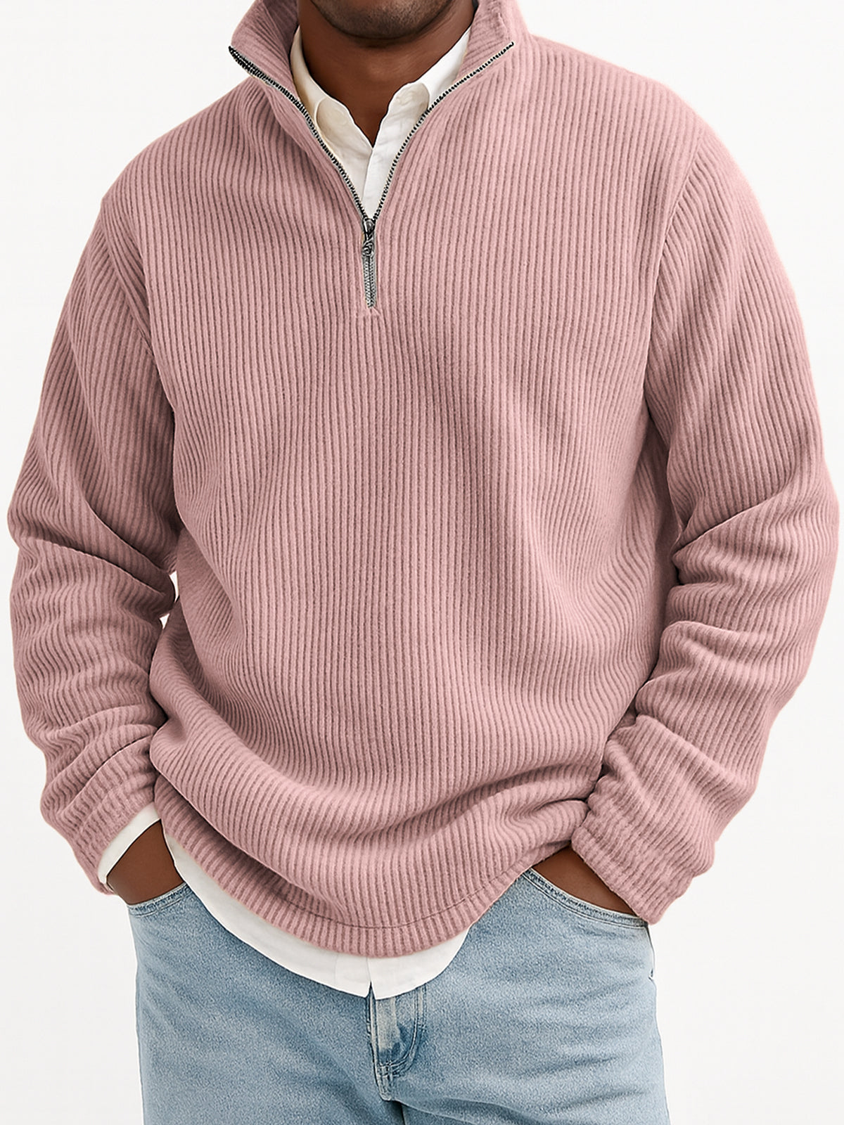 Men's Stylish Quarter-Zip Corduroy Ribbed Polo Sweatshirt